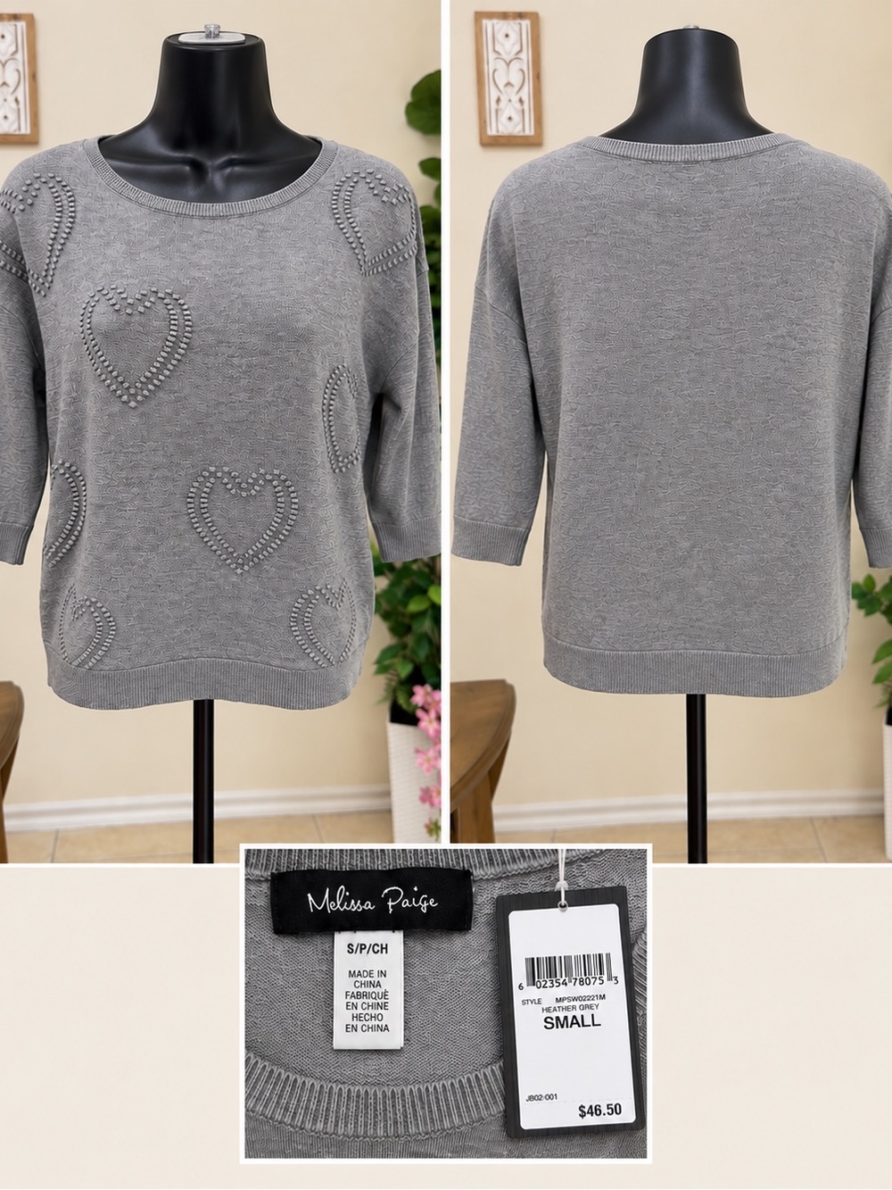 Melissa Paige Gray Heart-Detail Crewneck Sweater